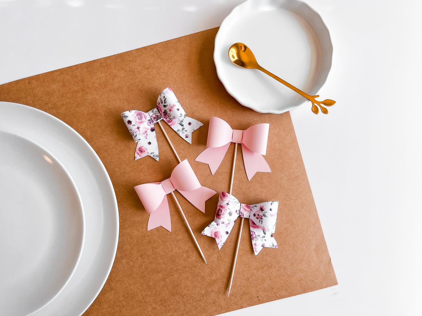 Pink Floral Bow Cupcake Toppers, Set of 12