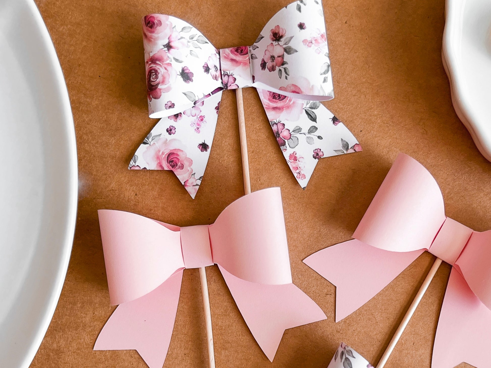 Pink Floral Bow Cupcake Toppers, Set of 12