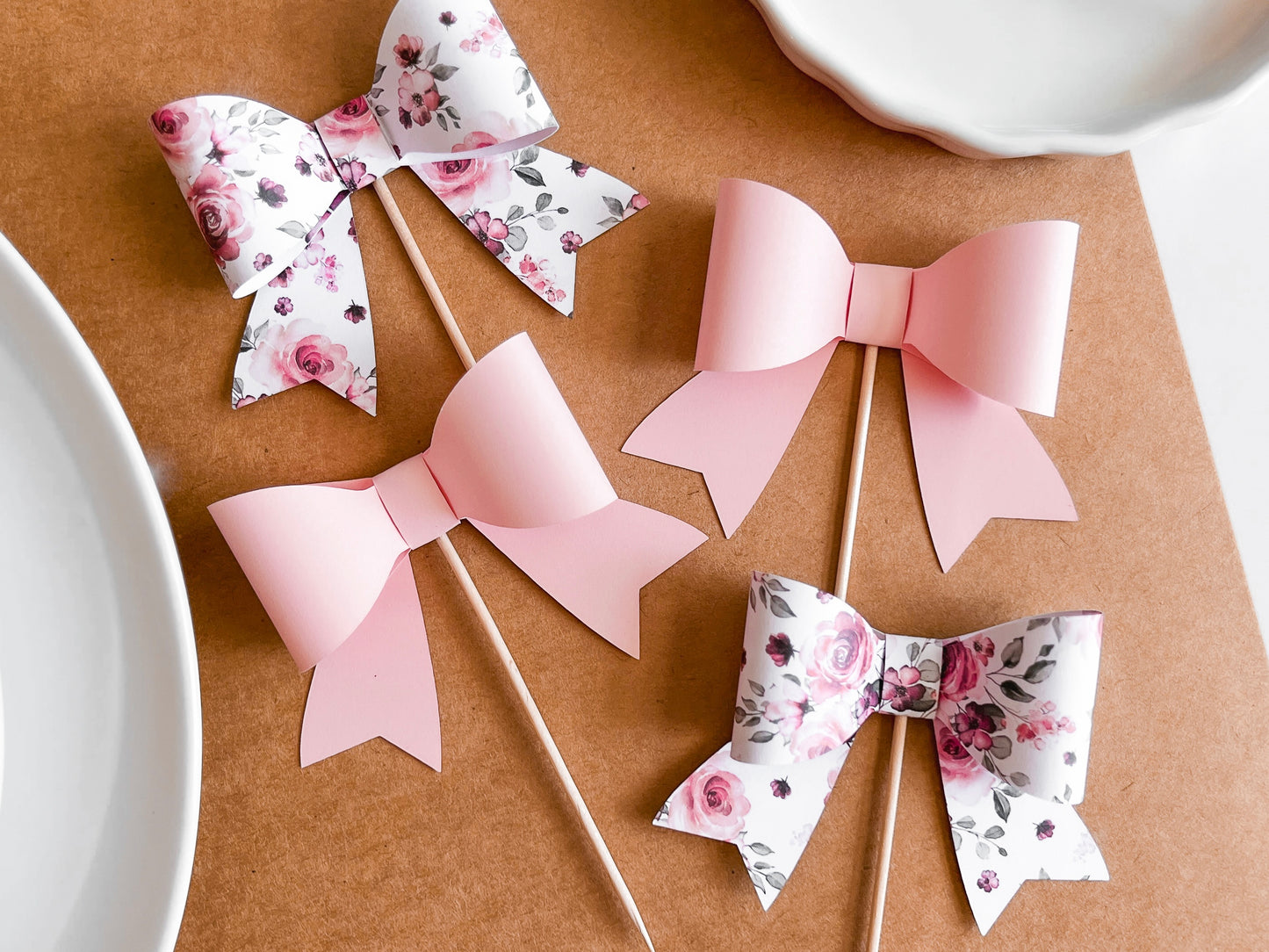 Pink Floral Bow Cupcake Toppers, Set of 12