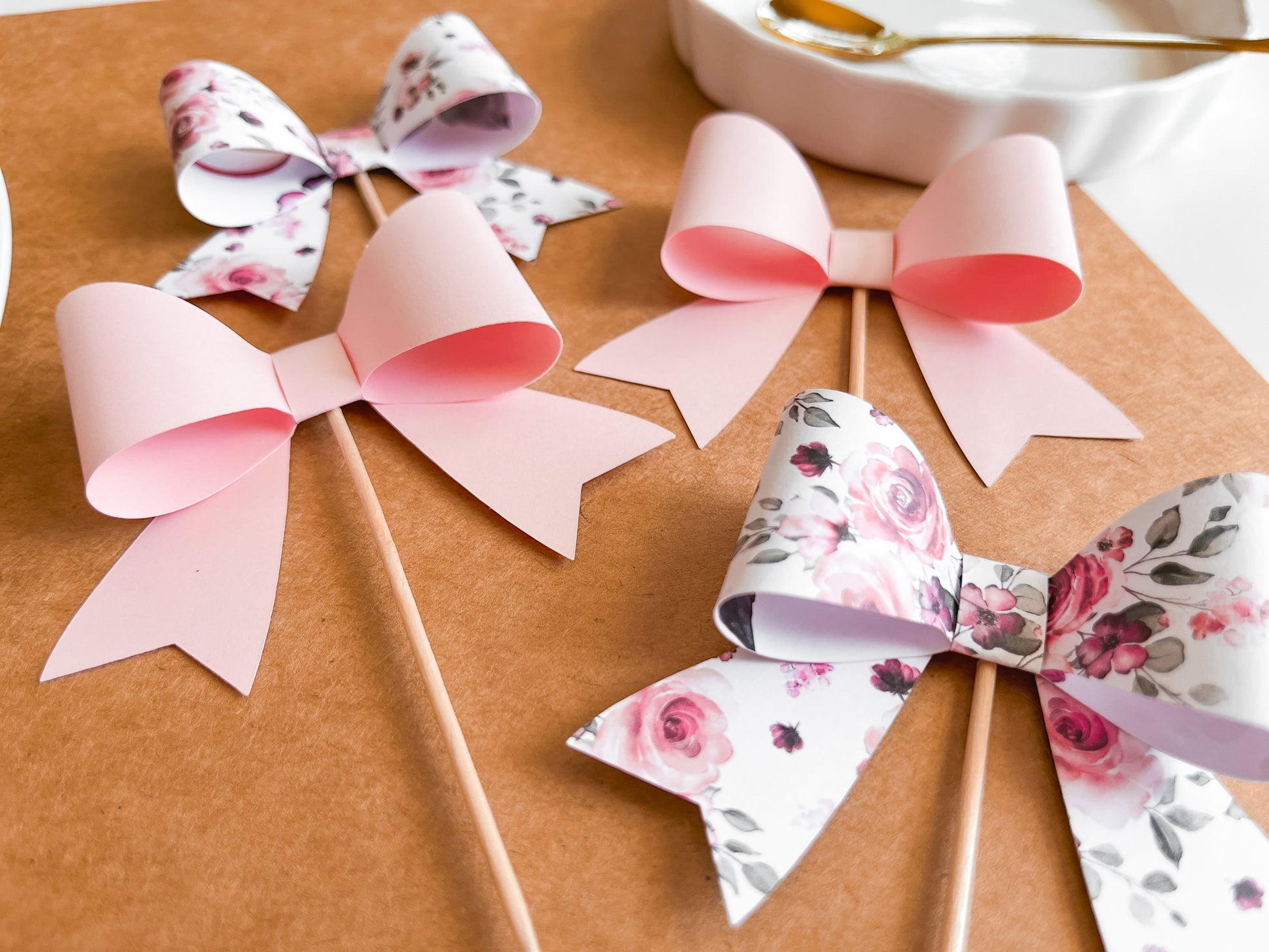 Pink Floral Bow Cupcake Toppers, Set of 12