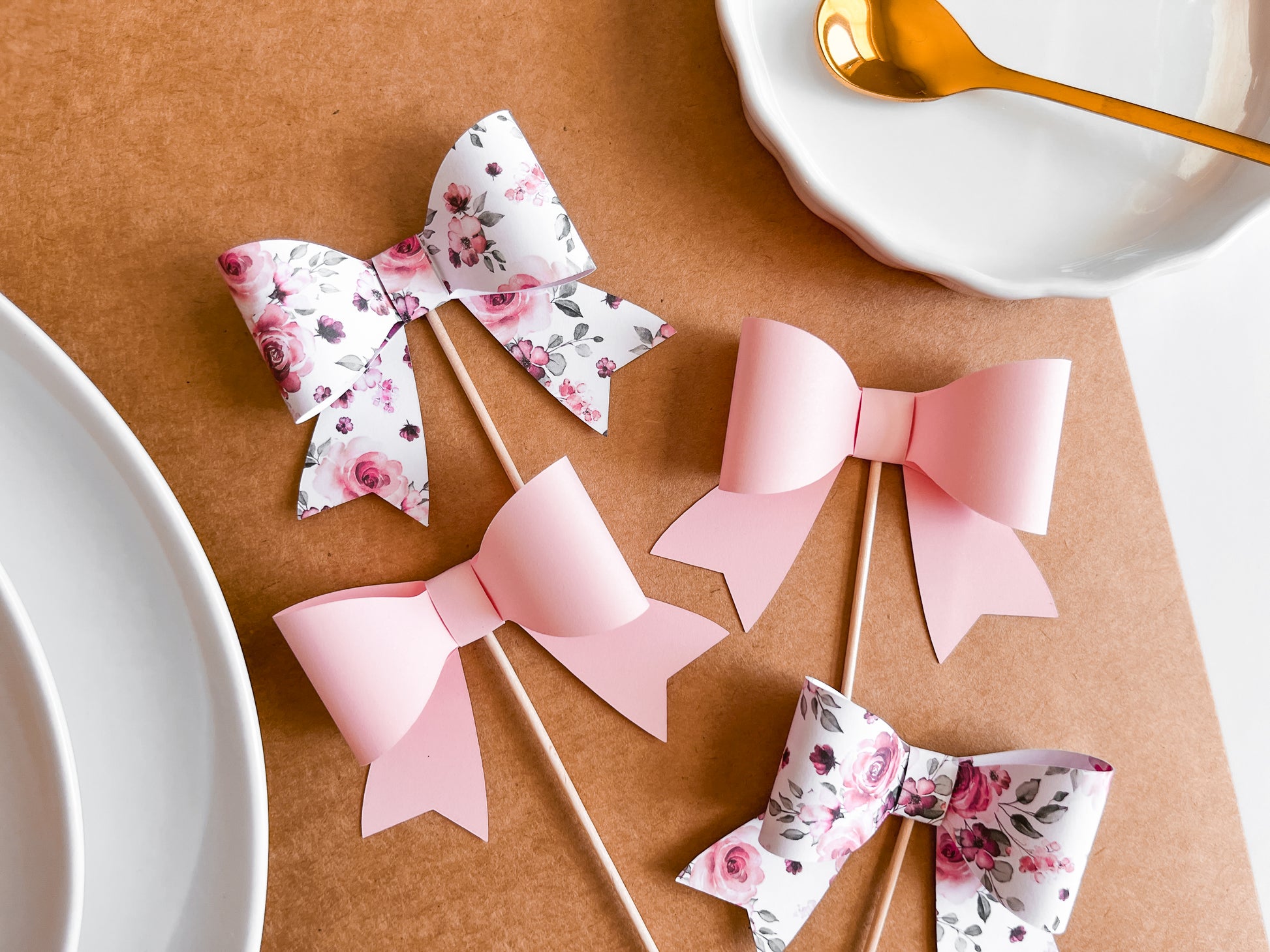 Pink Floral Bow Cupcake Toppers, Set of 12