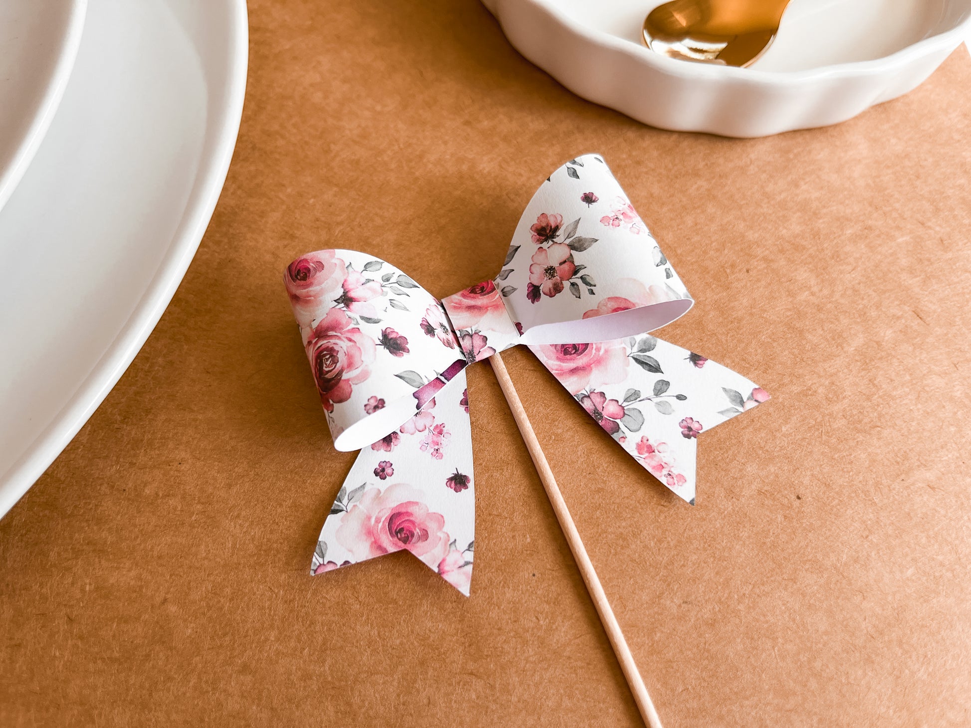 Pink Floral Bow Cupcake Toppers, Set of 12