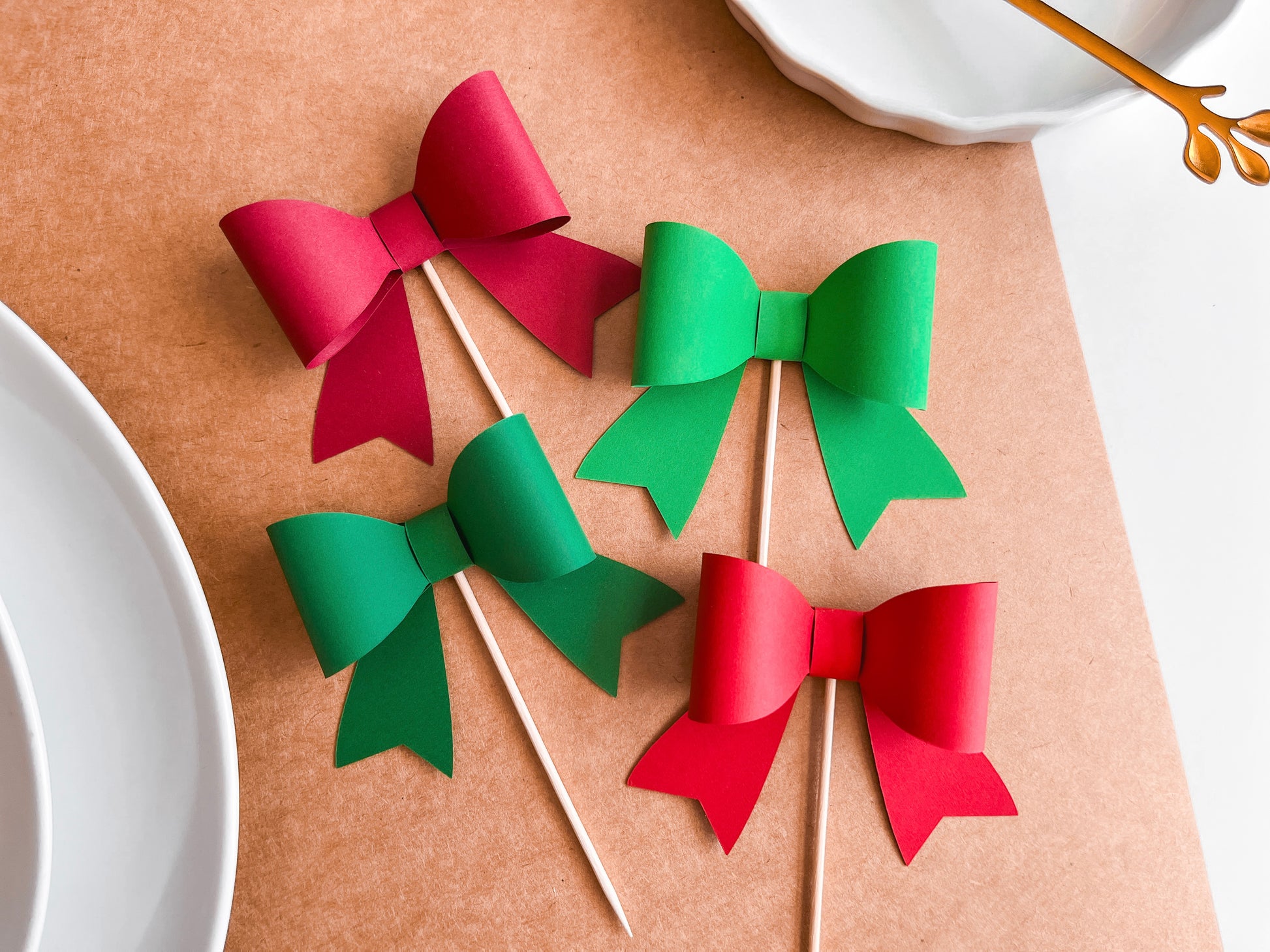 Christmas Bow Cupcake Toppers, Set of 12