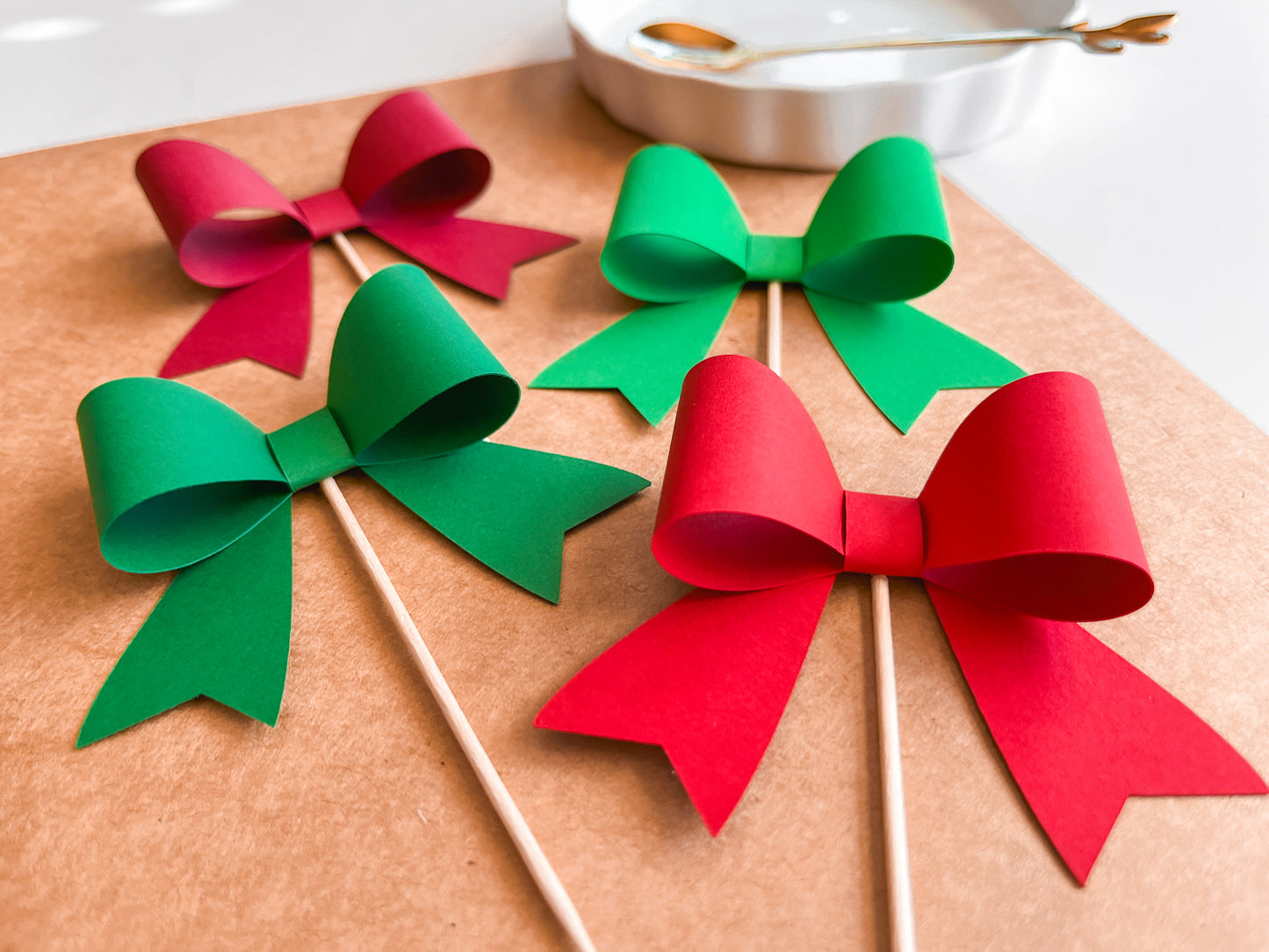 Christmas Bow Cupcake Toppers, Set of 12