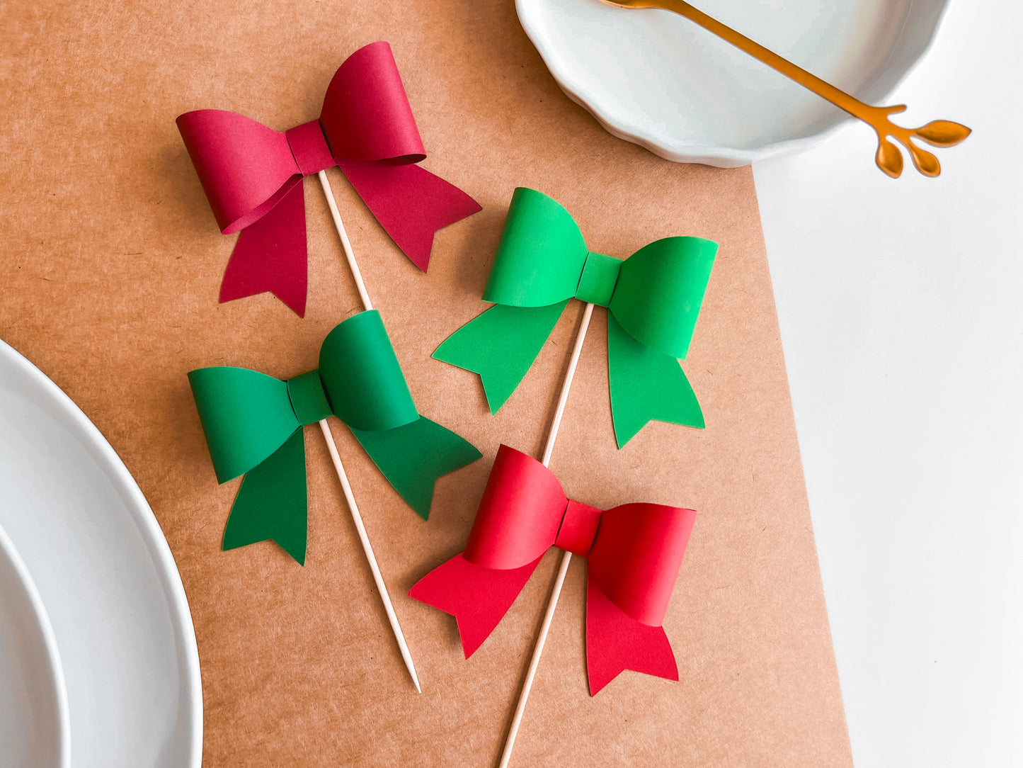 Christmas Bow Cupcake Toppers, Set of 12