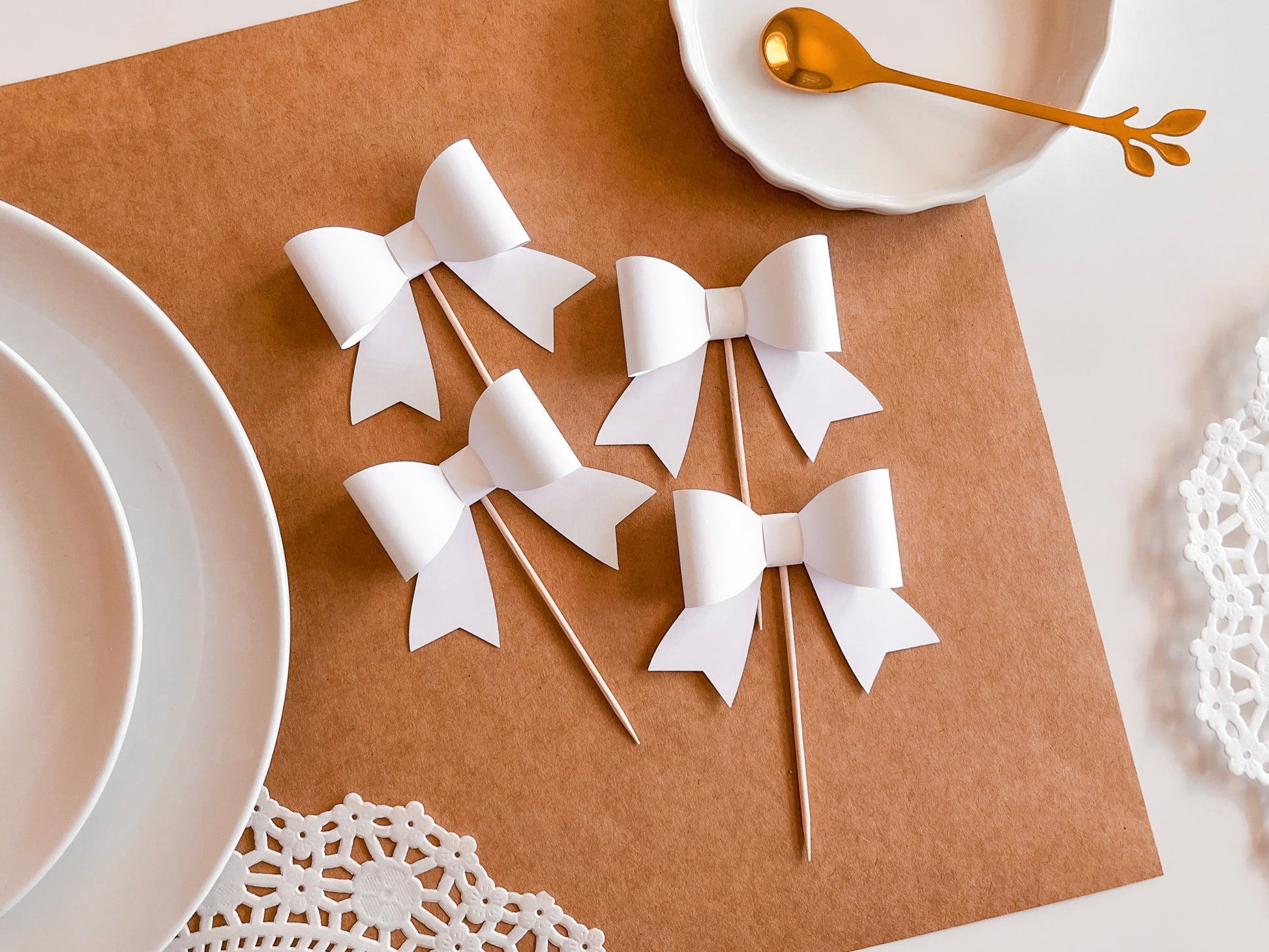 White Bow Cupcake Toppers, Set of 12