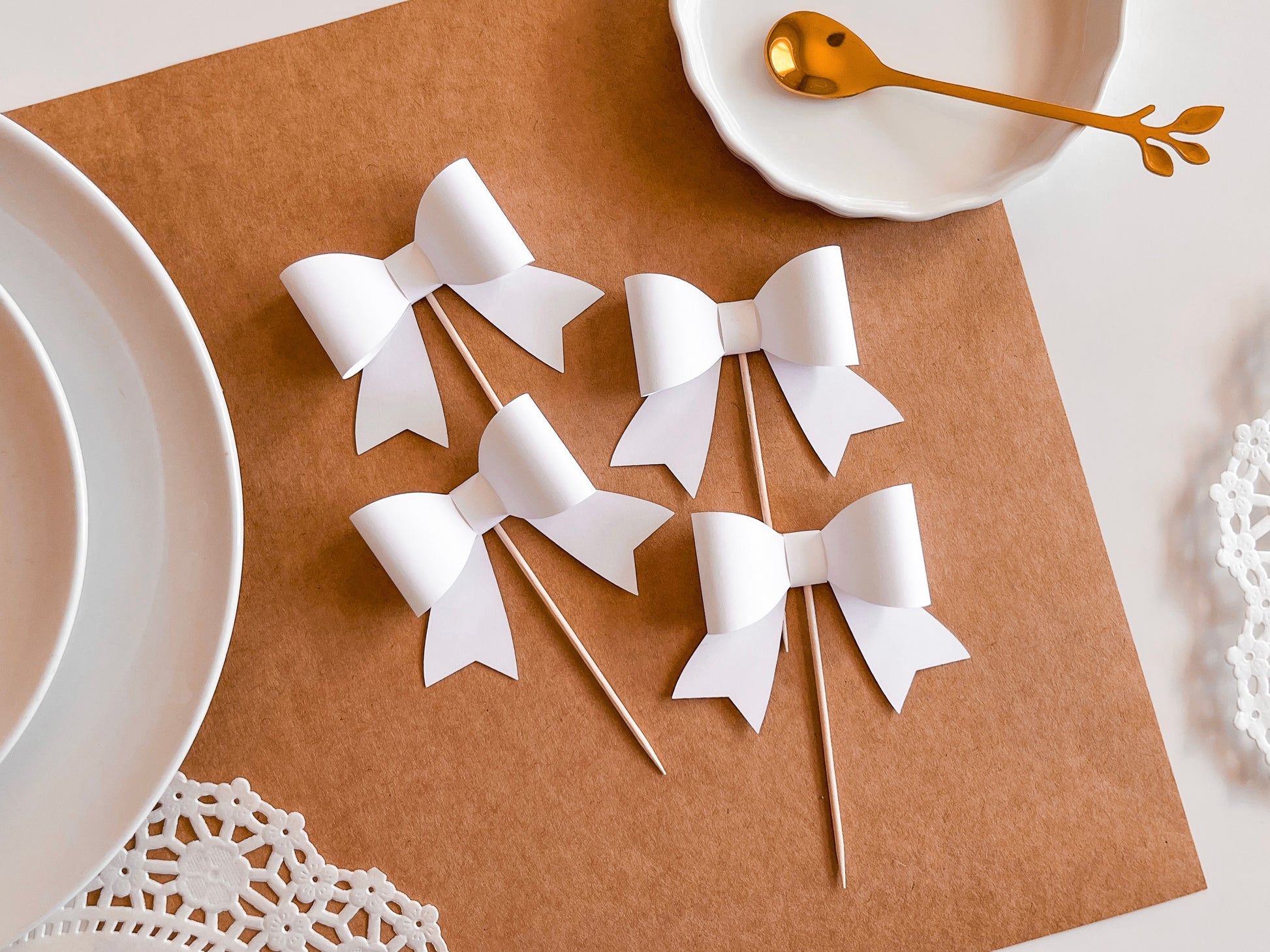White Bow Cupcake Toppers, Set of 12