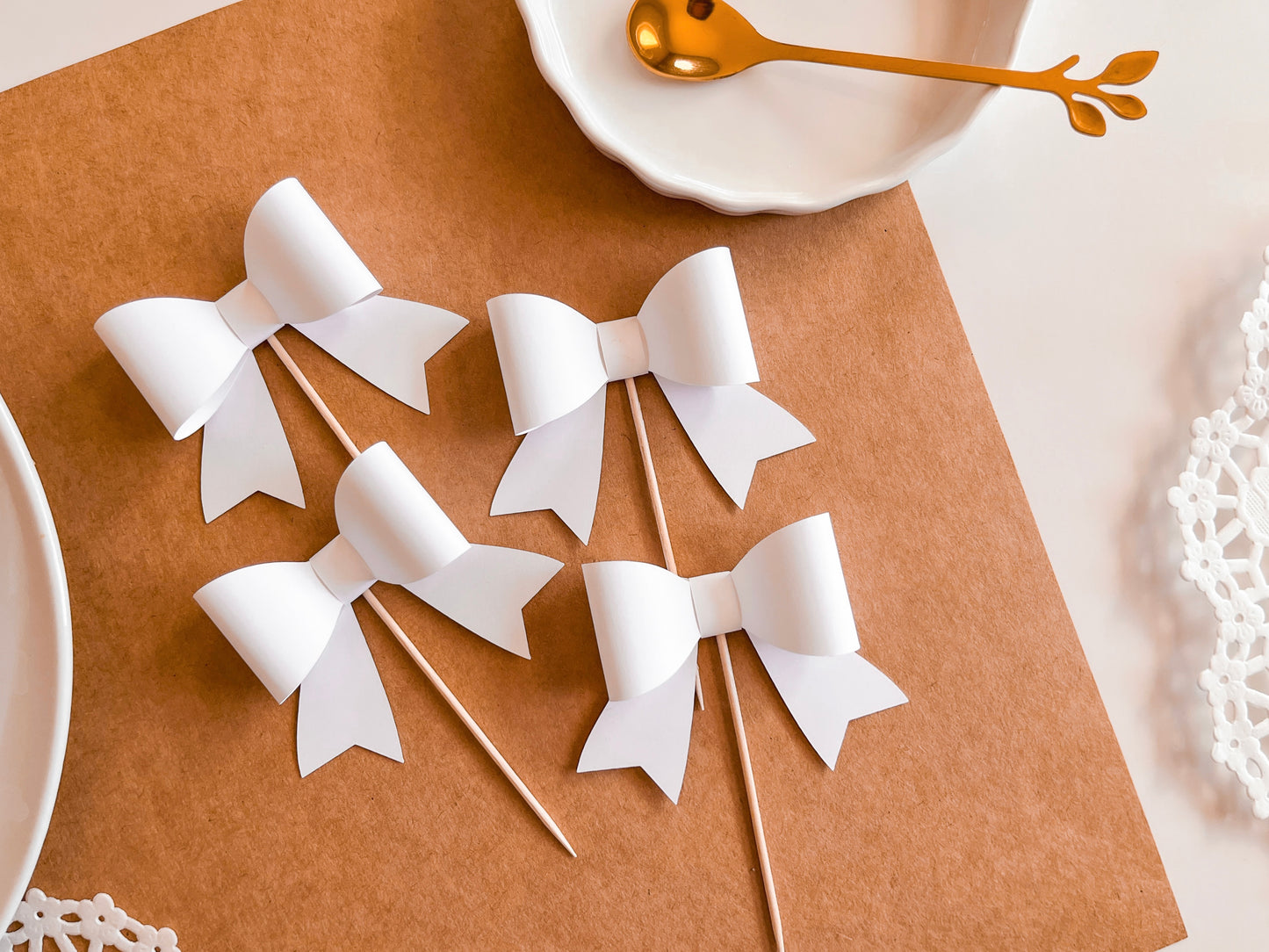 White Bow Cupcake Toppers, Set of 12