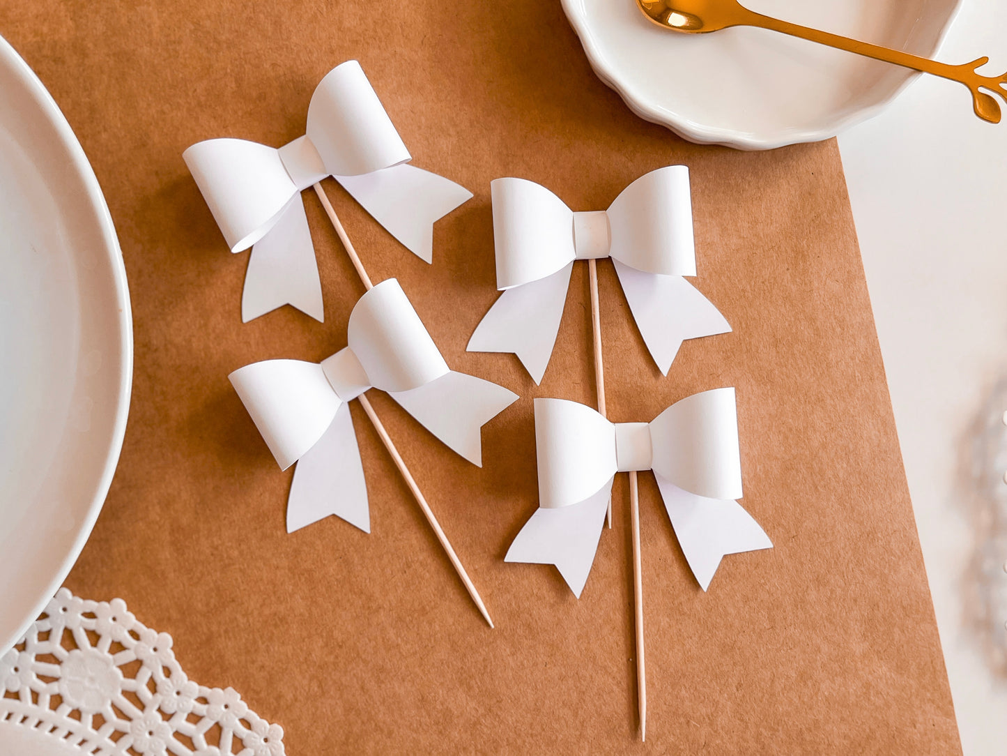 White Bow Cupcake Toppers, Set of 12