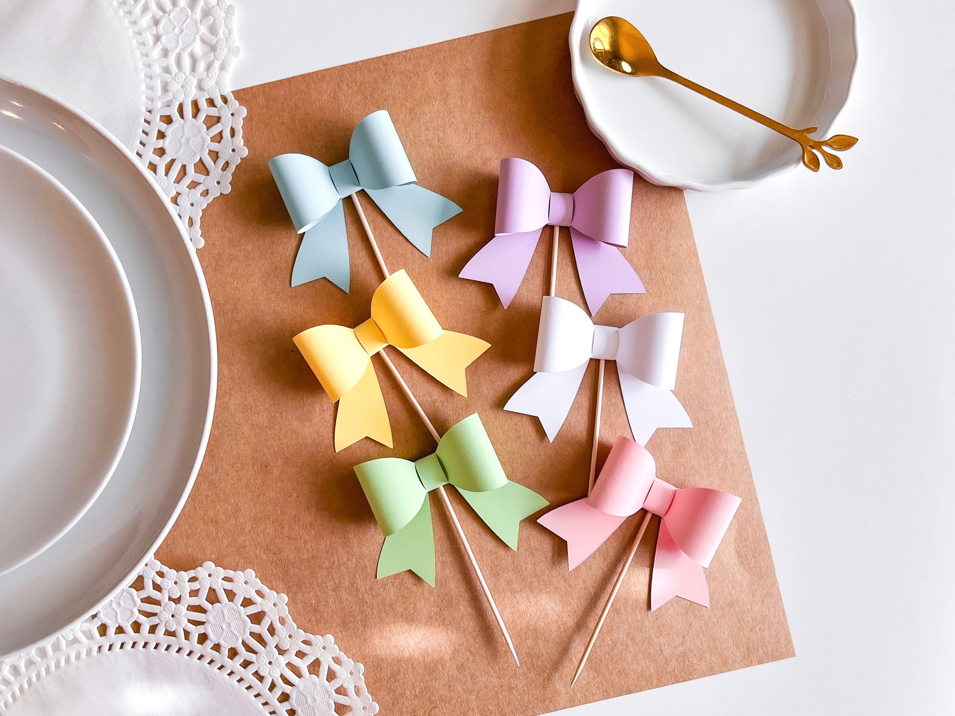 Pastel Rainbow Cupcake Topper Bows,  Set of 12