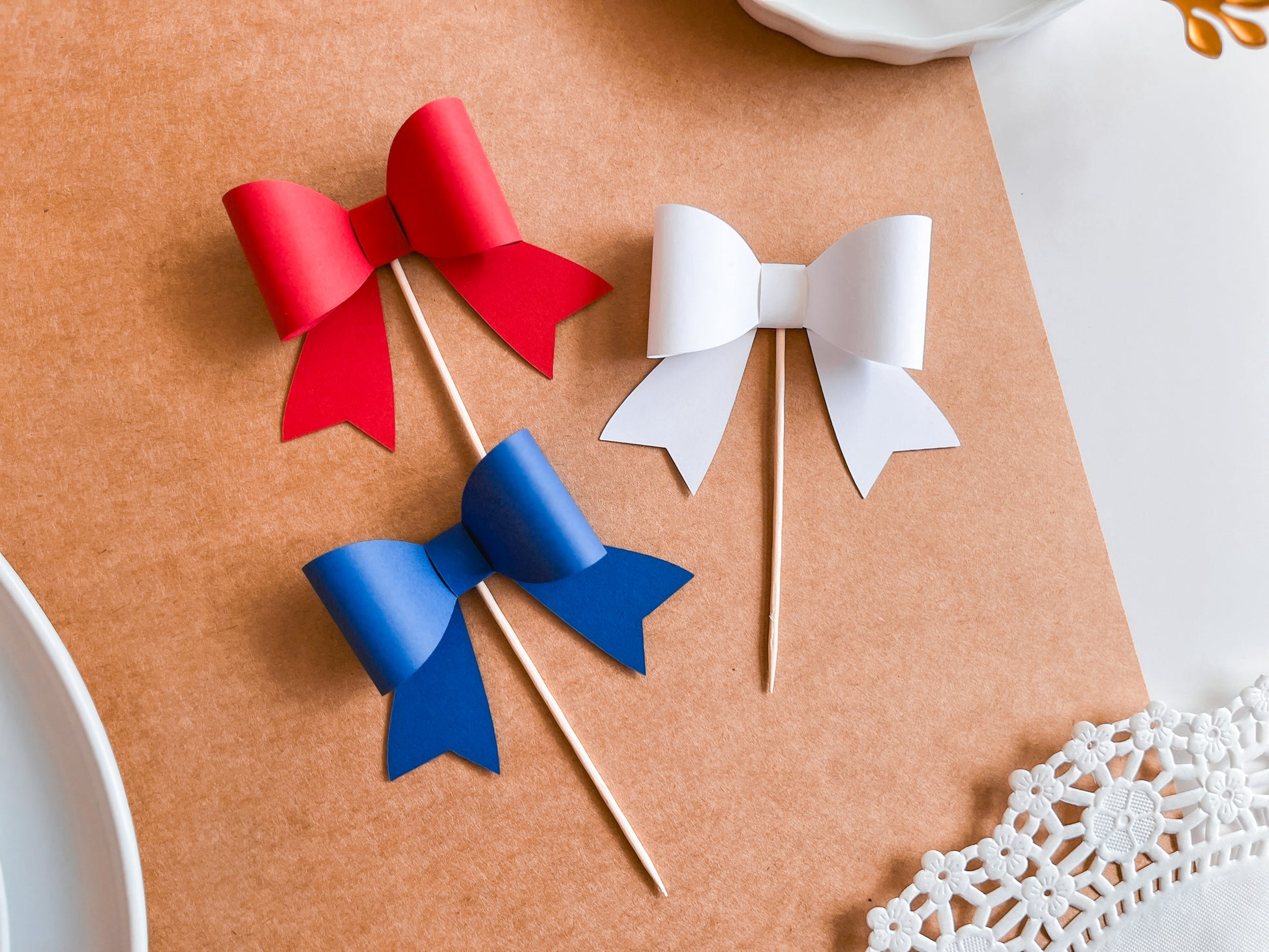 Red, White & Blue Cupcake Topper Bows, Set of 12