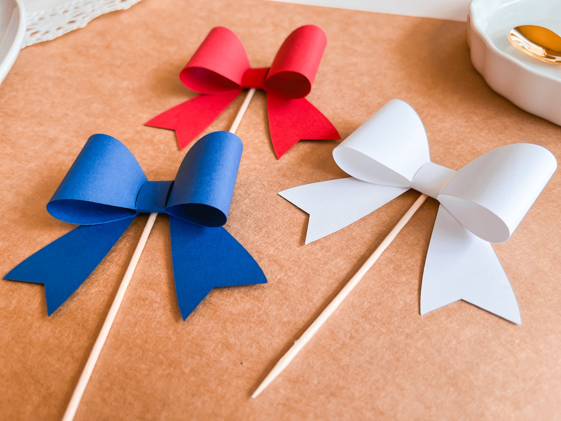 Red, White & Blue Cupcake Topper Bows, Set of 12