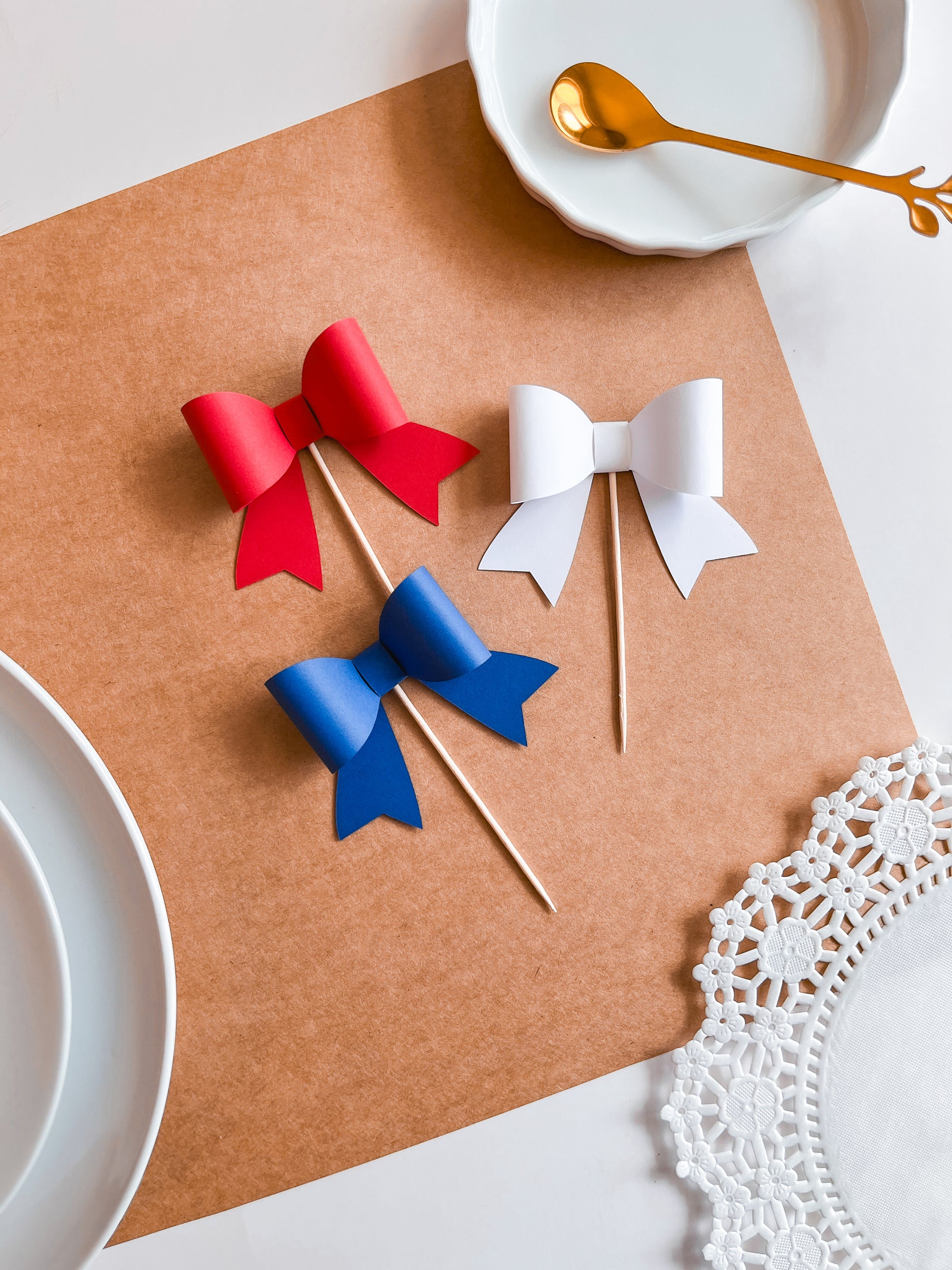 Red, White & Blue Cupcake Topper Bows, Set of 12