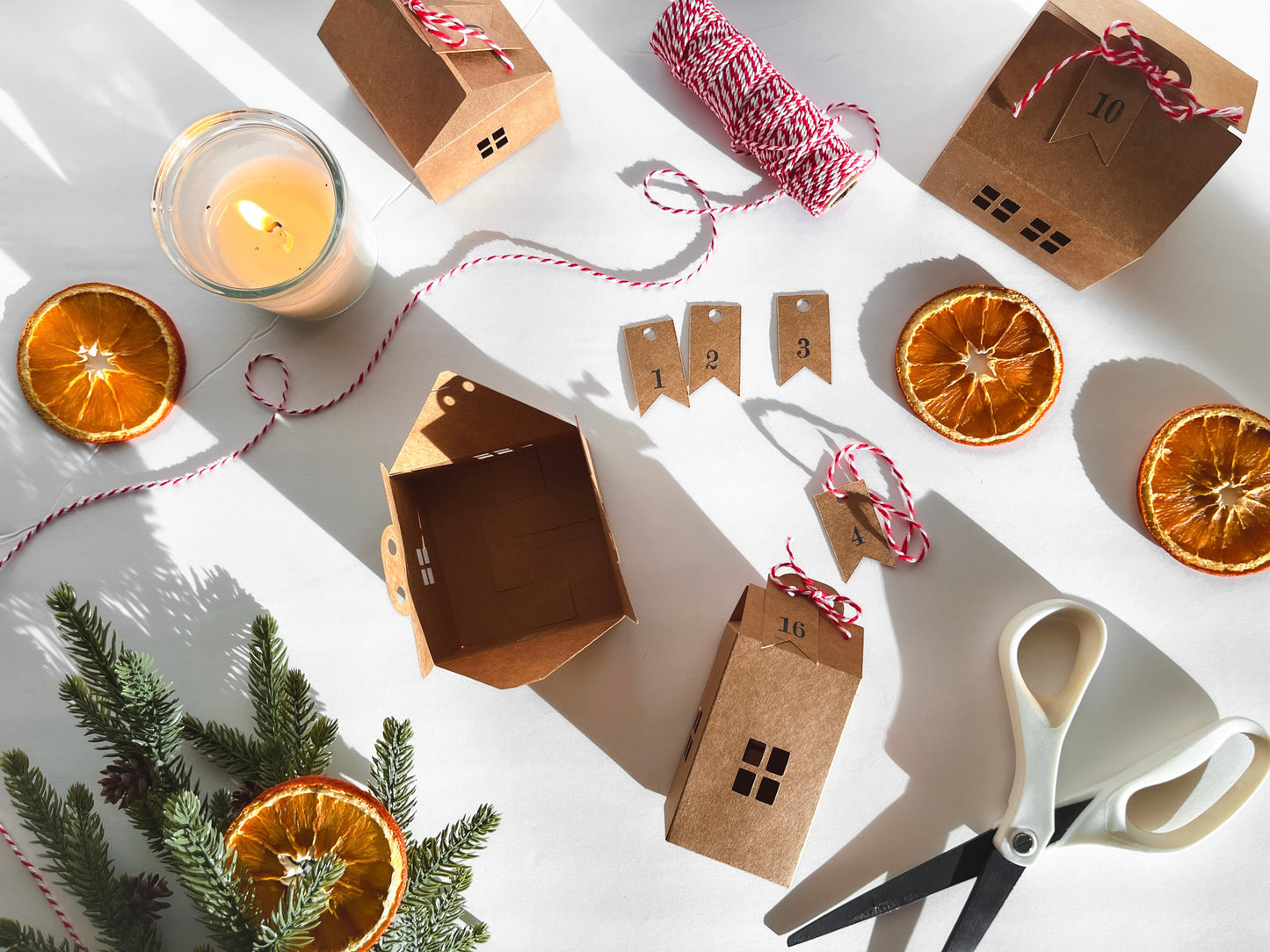 Advent Calendar Village, Set of 24 Houses, holiday flat lay
