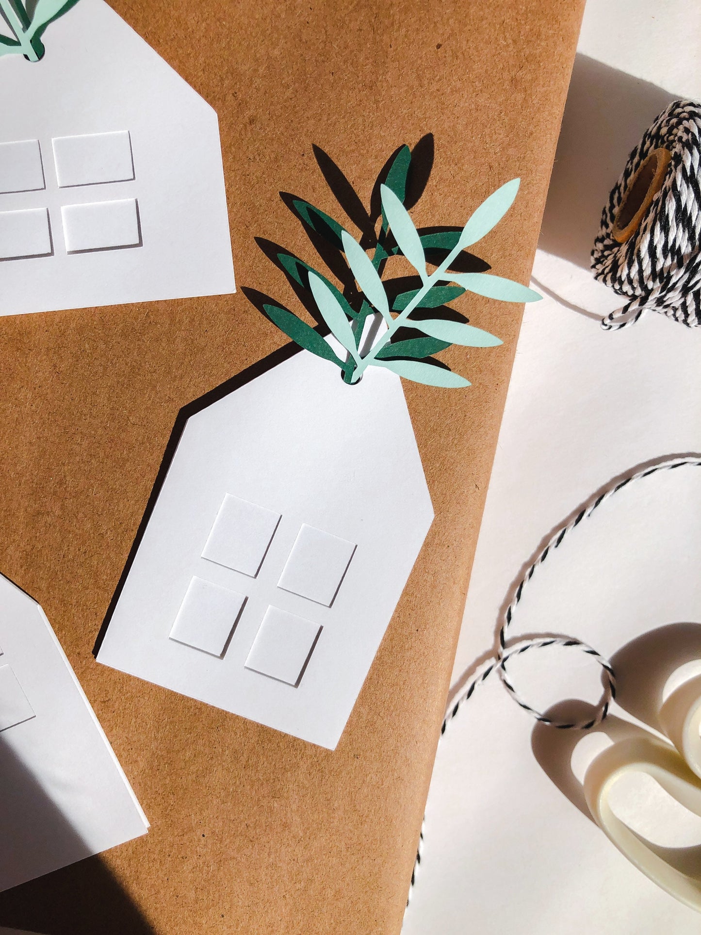 Village Gift Tag Set with Green Paper Leaves, Set of 12