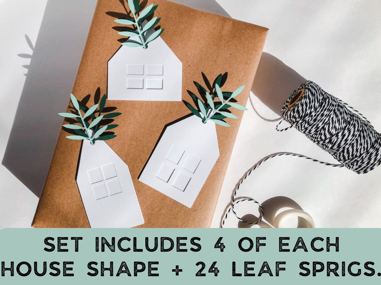 Village Gift Tag Set with Green Paper Leaves, Set of 12