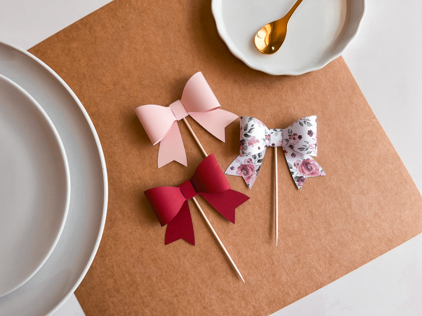 Pink Floral Bow Cupcake Toppers, Set of 12