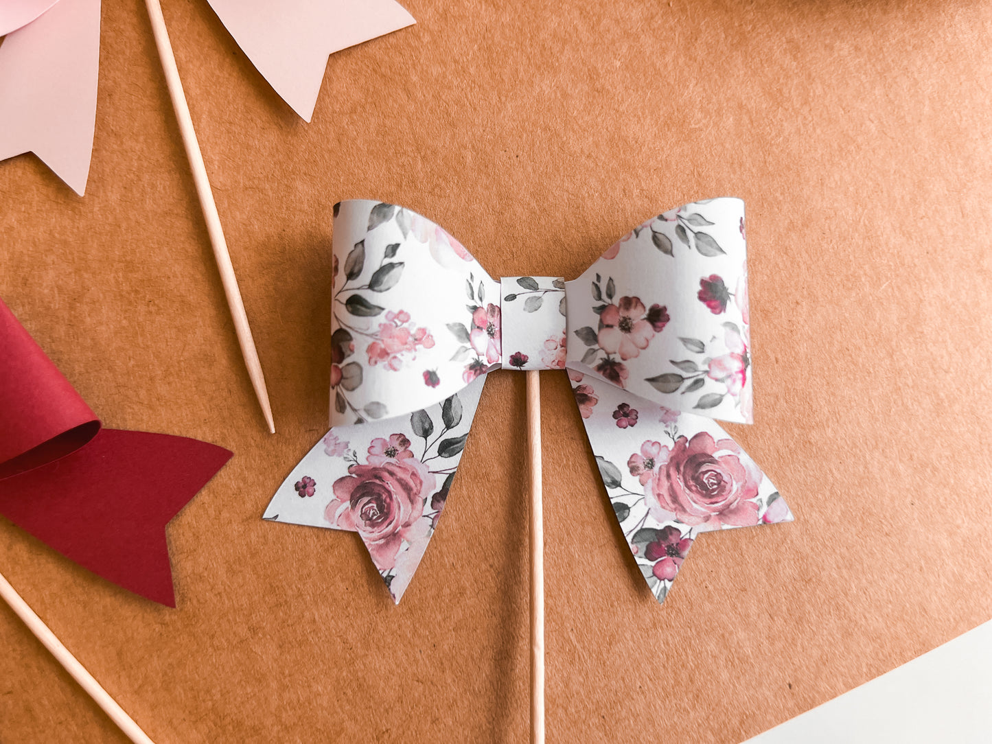 Pink Floral Bow Cupcake Toppers, Set of 12