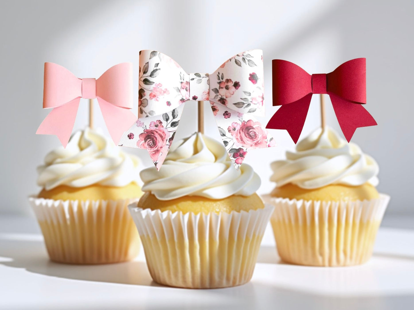 Pink Floral Bow Cupcake Toppers, Set of 12