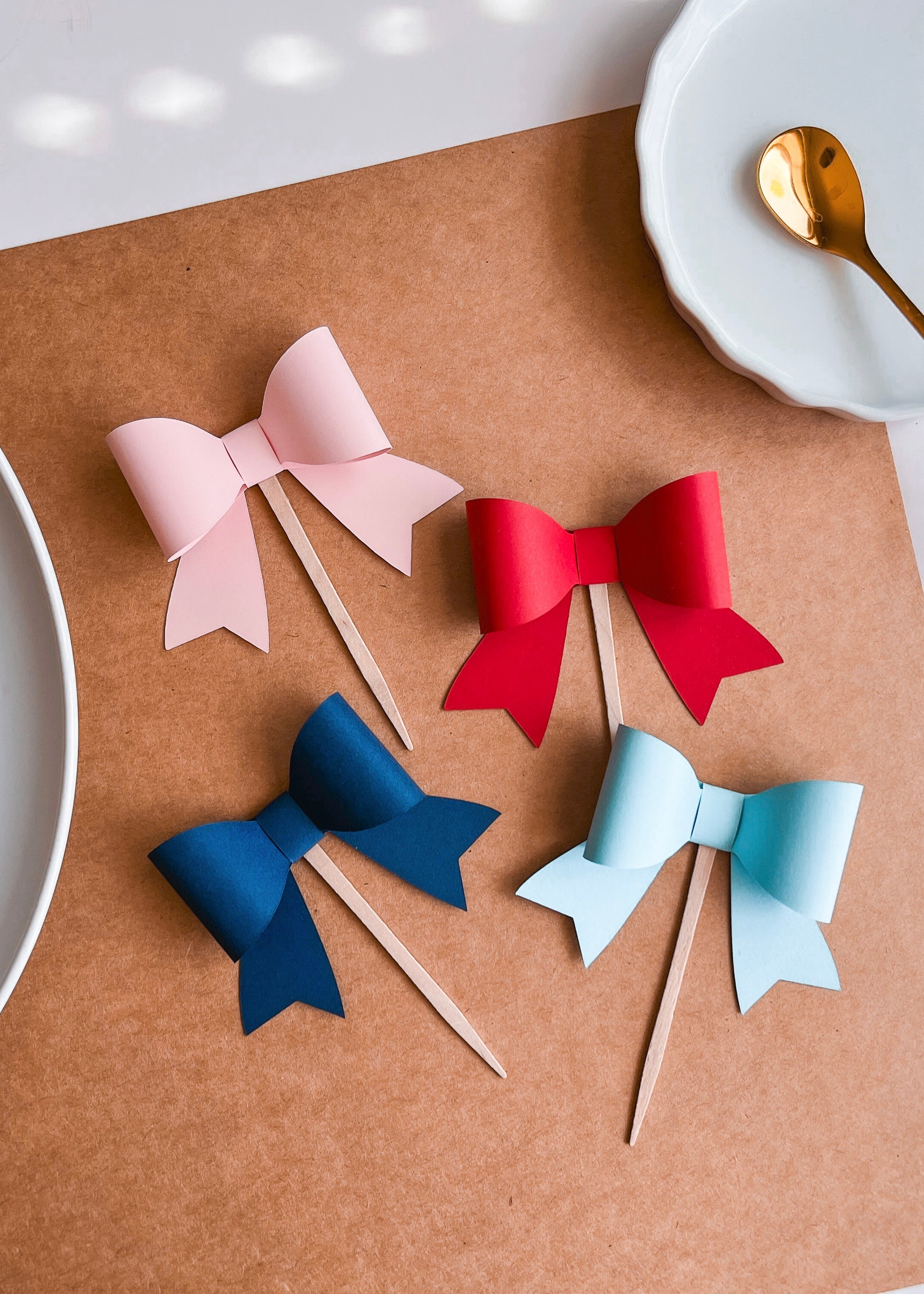 Bow Cupcake Toppers in Red, Pink, Navy & Light Blue, Set of 12