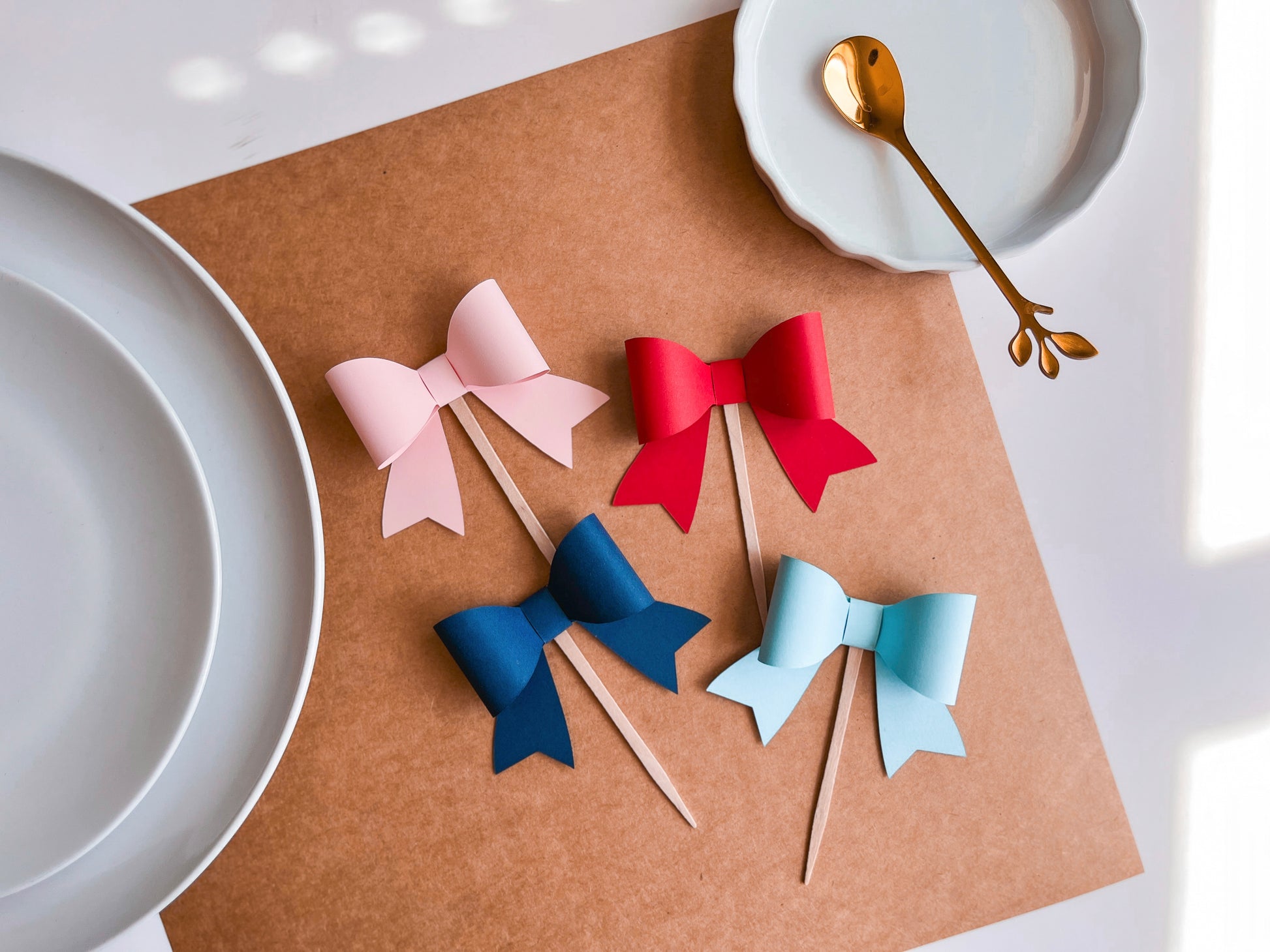 Bow Cupcake Toppers in Red, Pink, Navy & Light Blue, Set of 12