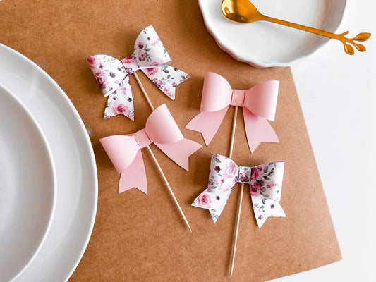 Pink Floral Bow Cupcake Toppers, Set of 12