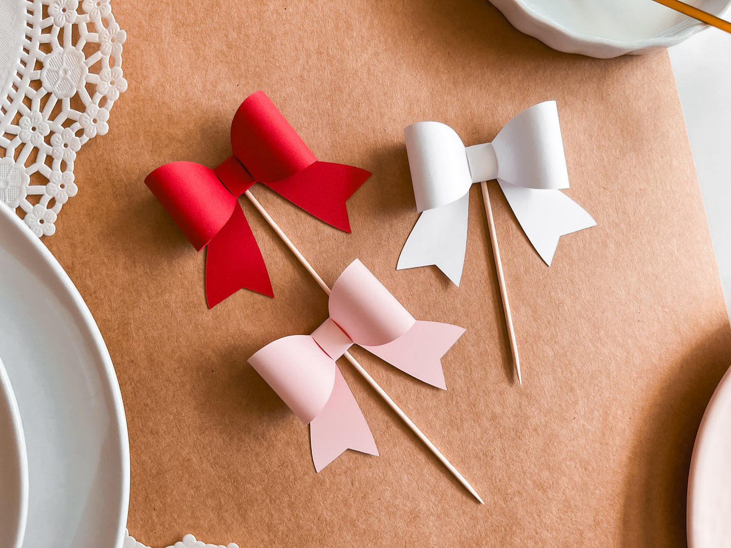 Pink, Red & White Bow Cupcake Toppers, Set of 12