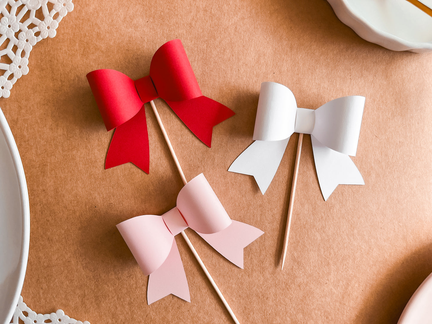 Pink, Red & White Bow Cupcake Toppers, Set of 12