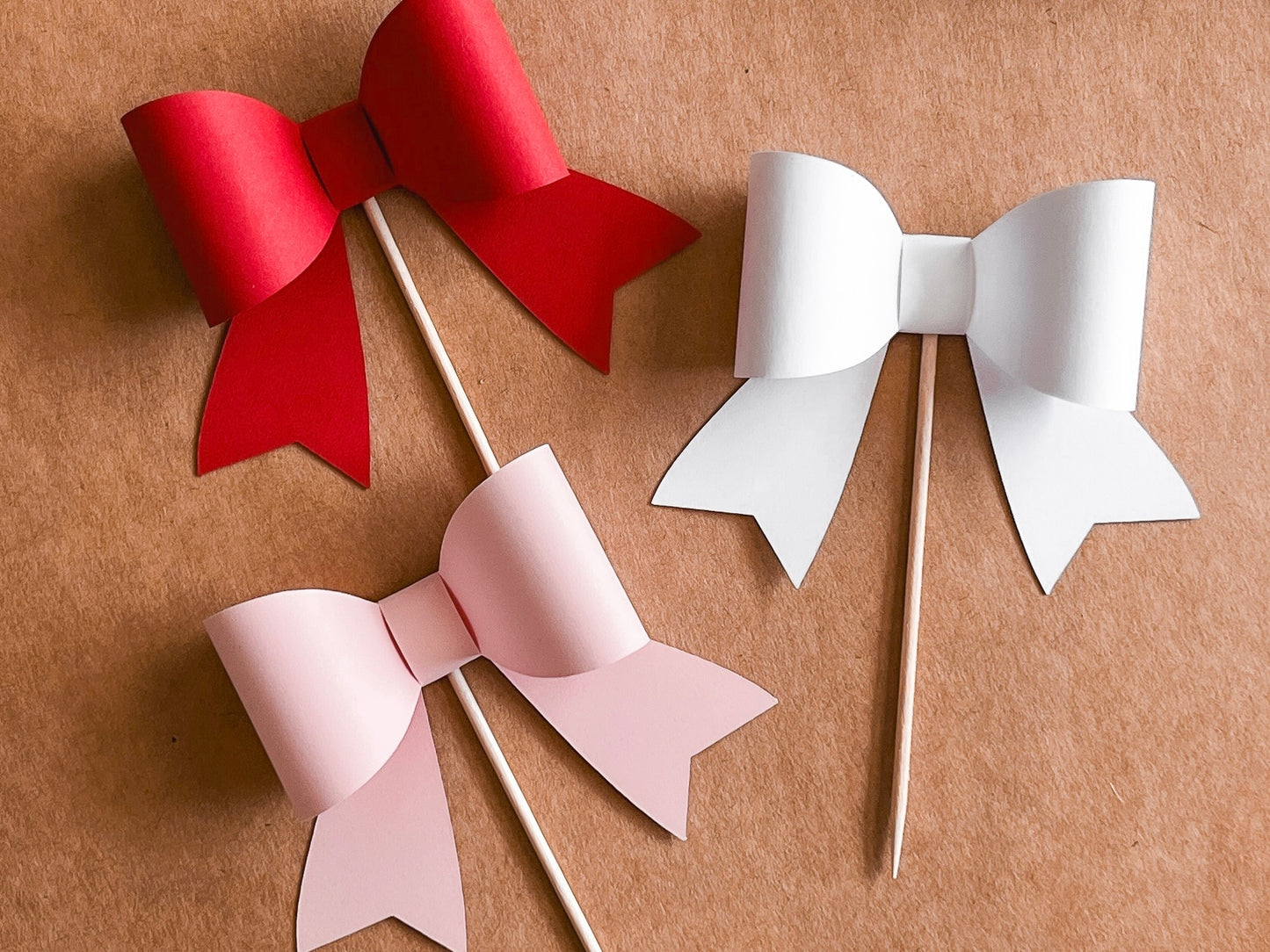 Pink, Red & White Bow Cupcake Toppers, Set of 12