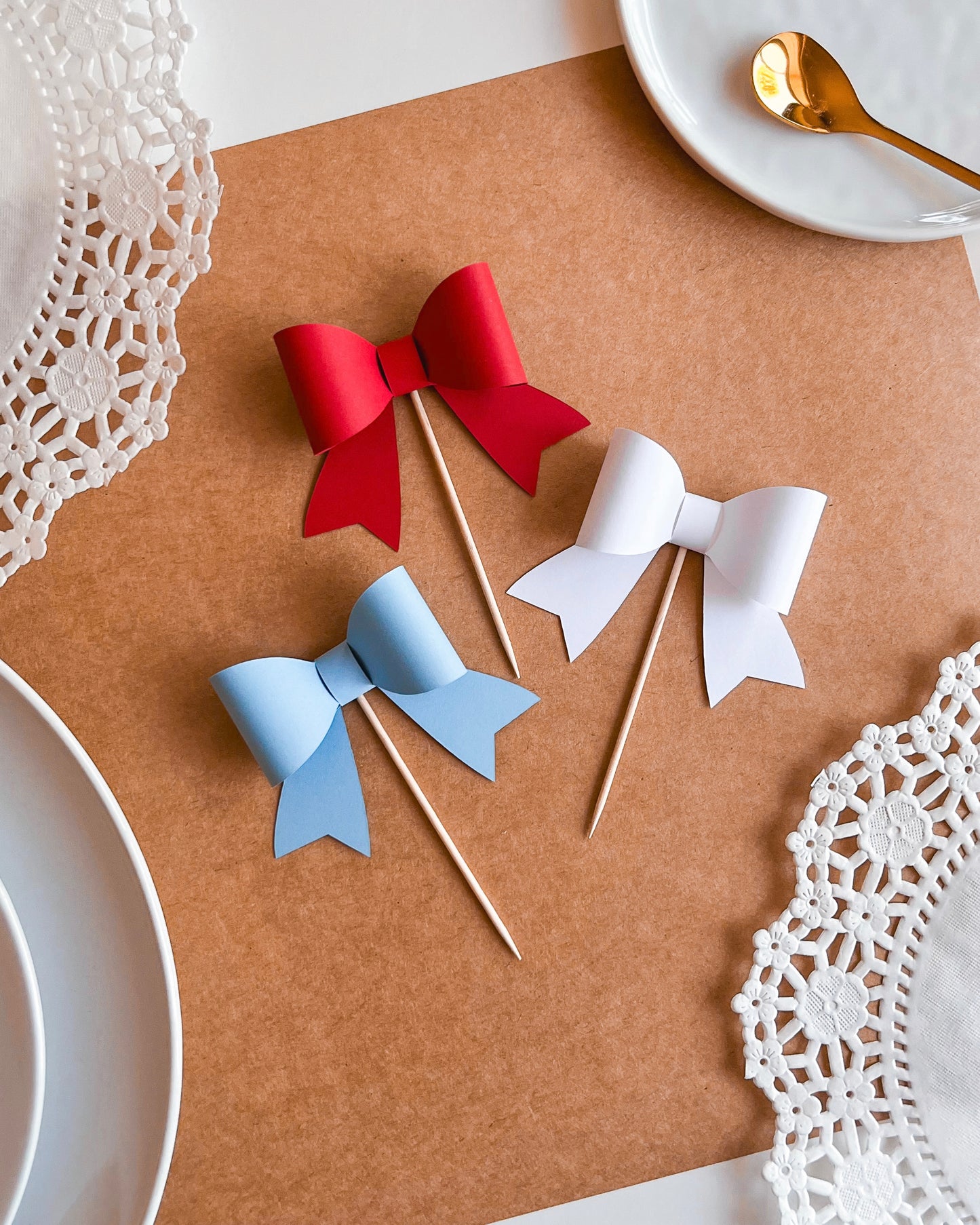 Red, White & Light Blue Cupcake Topper Bows, Set of 12