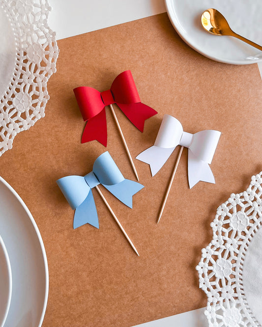 Red, White & Light Blue Cupcake Topper Bows, Set of 12