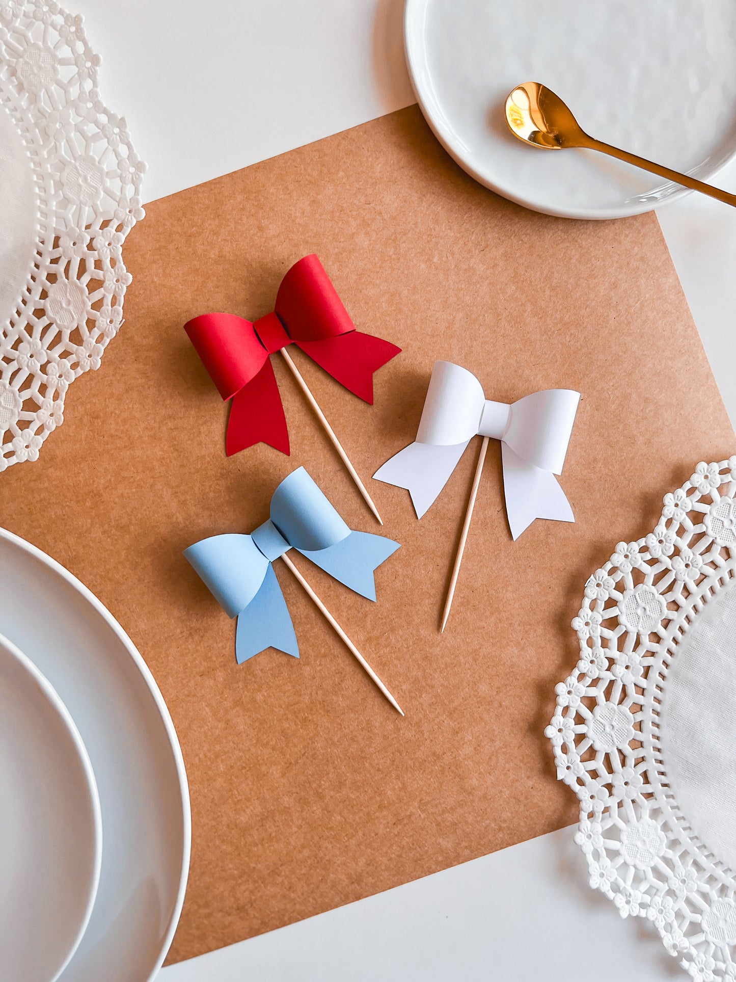 Red, White & Light Blue Cupcake Topper Bows, Set of 12