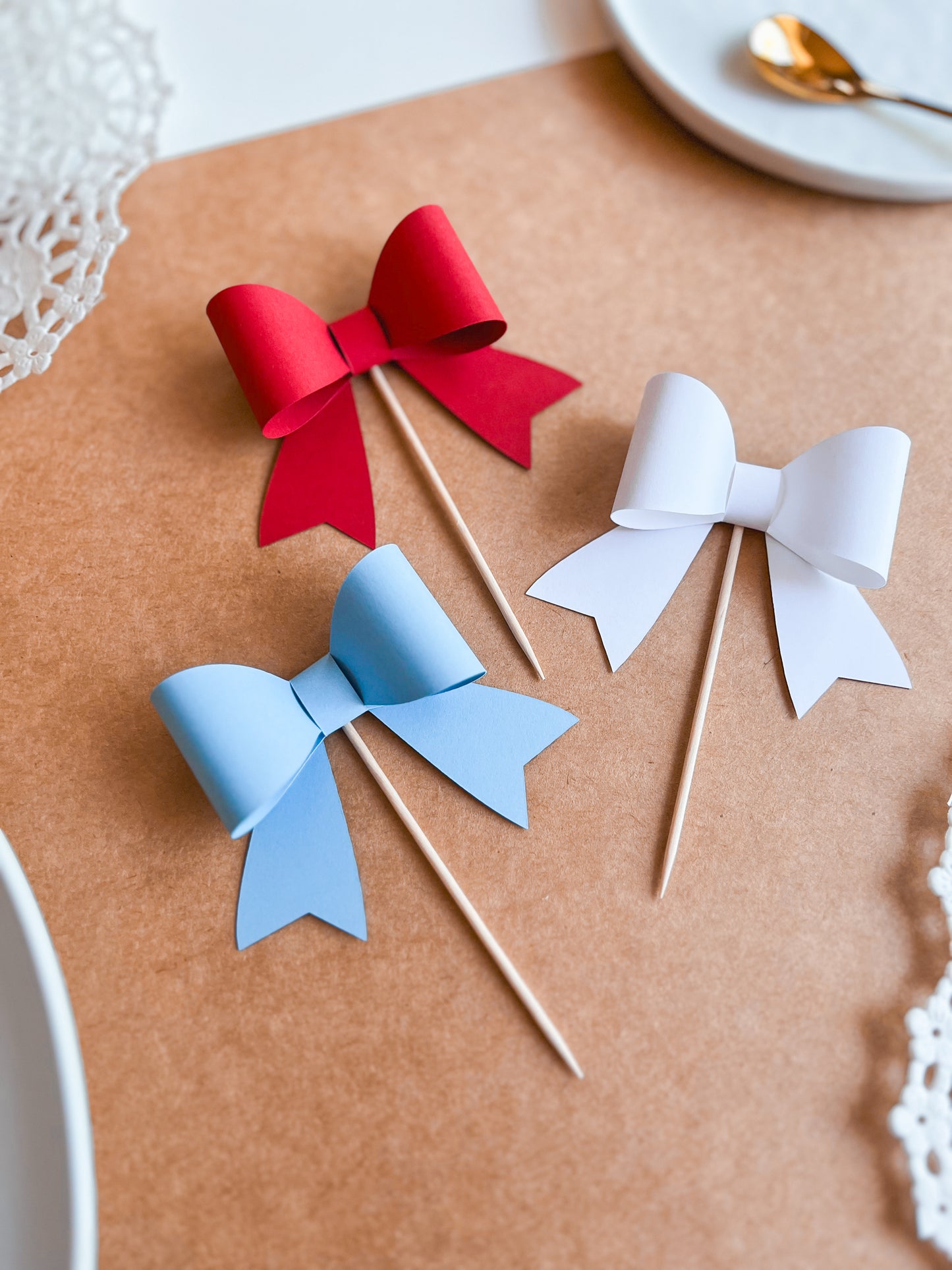 Red, White & Light Blue Cupcake Topper Bows, Set of 12