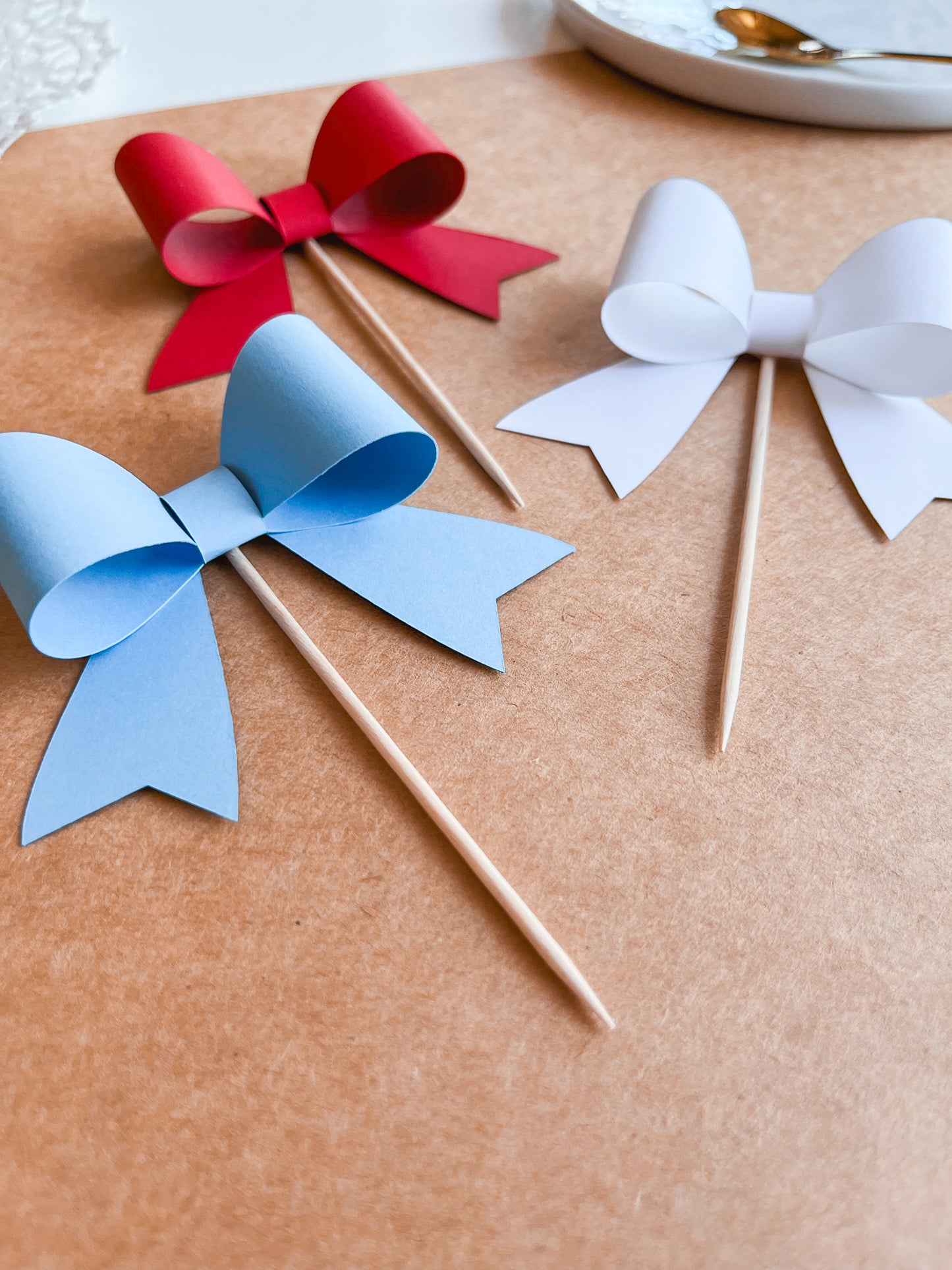 Red, White & Light Blue Cupcake Topper Bows, Set of 12