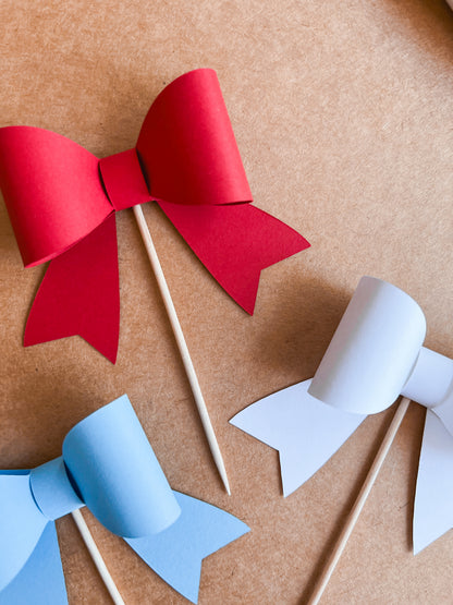 Red, White & Light Blue Cupcake Topper Bows, Set of 12