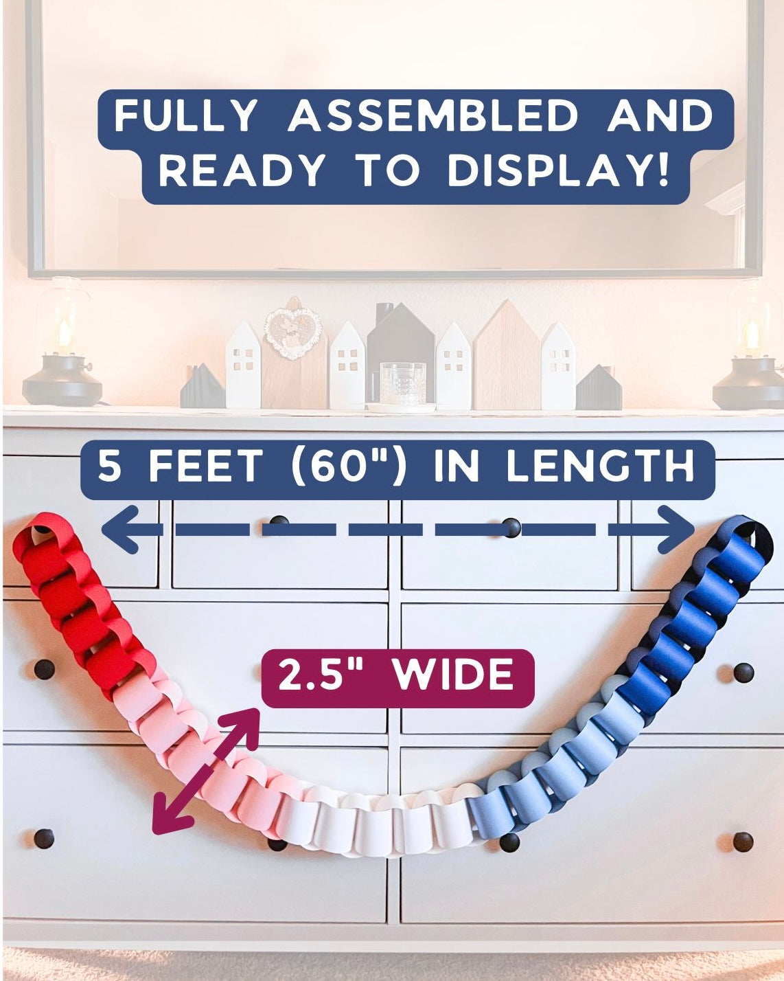Ombre Red, Pink, White, and Blues Paper Chain Garland, Fully Assembled