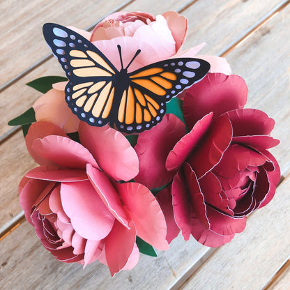 Paper Peony Flower Bouquet with Monarch Butterfly in Tin Pail
