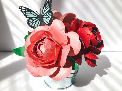 Paper Peony Flower Bouquet with Monarch Butterfly in Tin Pail