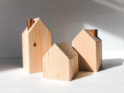 Wooden Houses with Copper Chimneys, Set of 3