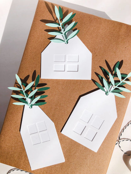 Winter Village Gift Tag Set with Green Paper Leaves, Set of 12