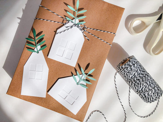 Winter Village Gift Tag Set with Green Paper Leaves, Set of 12