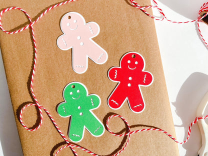Gingerbread Man Gift Tags, Set of 12, Bright red, green, and pink Christmas